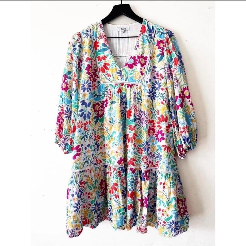 Multicolor Floral Babydoll Dress Boho Puff Sleeve Mini Relaxed Cottagecore LARGE